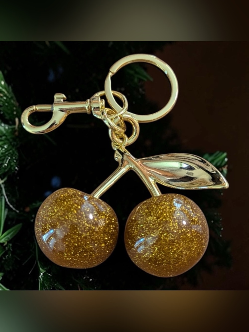Gold Glitter Cherry Keychain - Women Accessories
